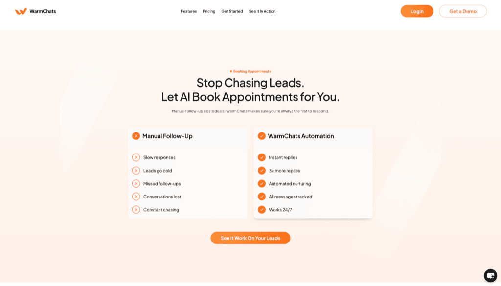 WarmChats landing page — 'Stop chasing leads, let AI book appointments for you' — comparing manual follow-up with WarmChats automation
