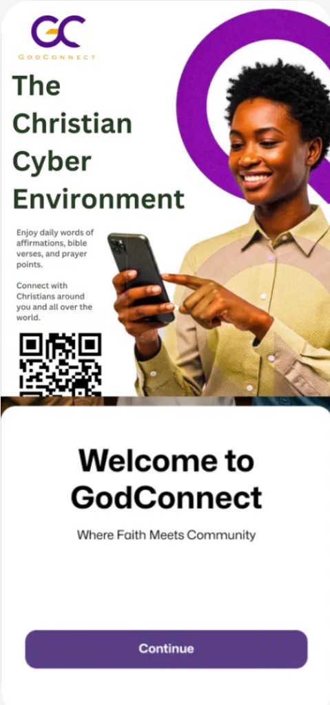 GodConnect onboarding and community app screens