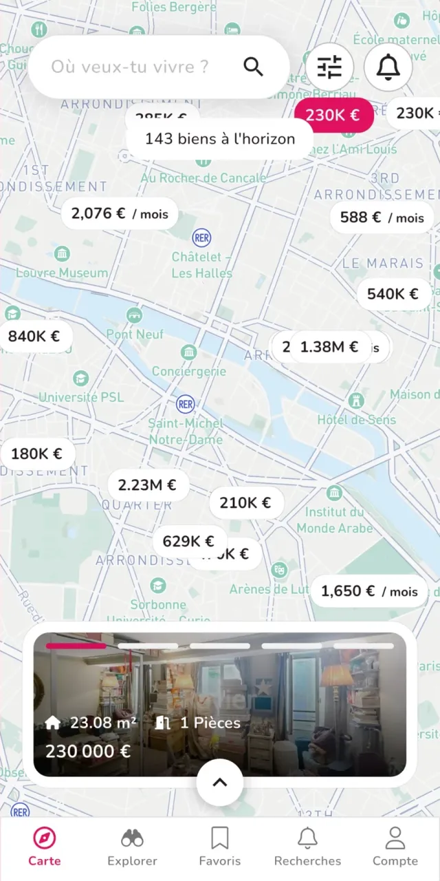 Bazzile's map, from its App Store screenshots: listings pinned by price across Paris, with the matched listing's card below — the Google Maps location matching Bolt Fusion built