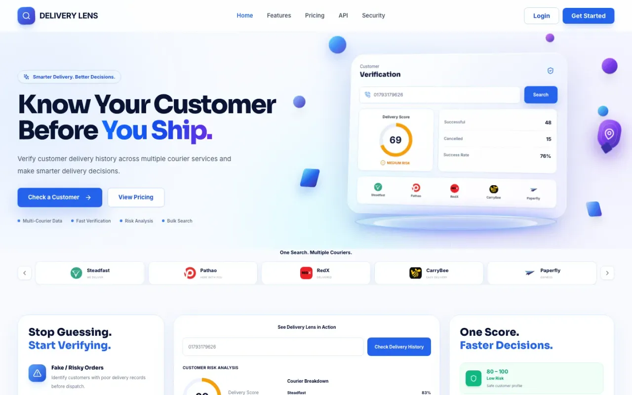 Delivery Lens BD's homepage: “Know Your Customer Before You Ship.”, beside the product's demo card showing a delivery score and a courier-by-courier breakdown
