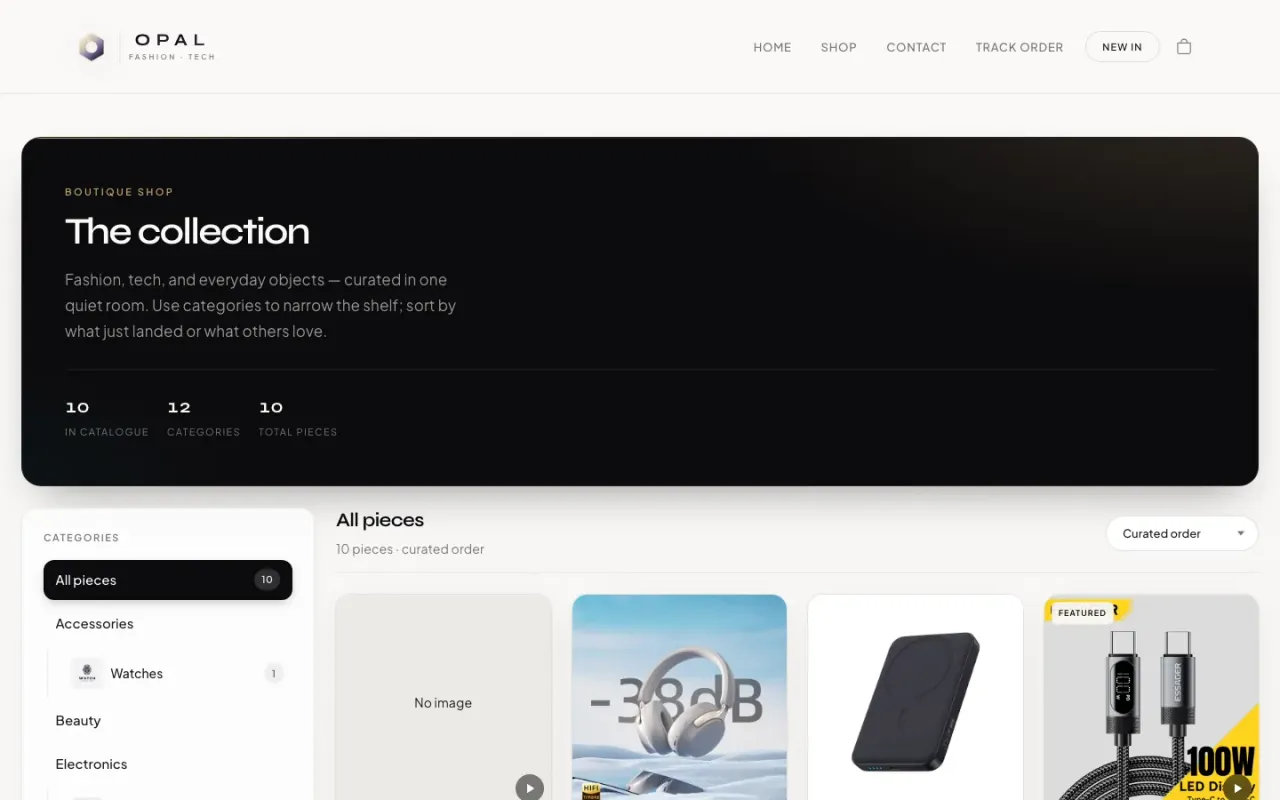 OPAL's live shop page: “The collection”, its category list and the first products in the catalogue