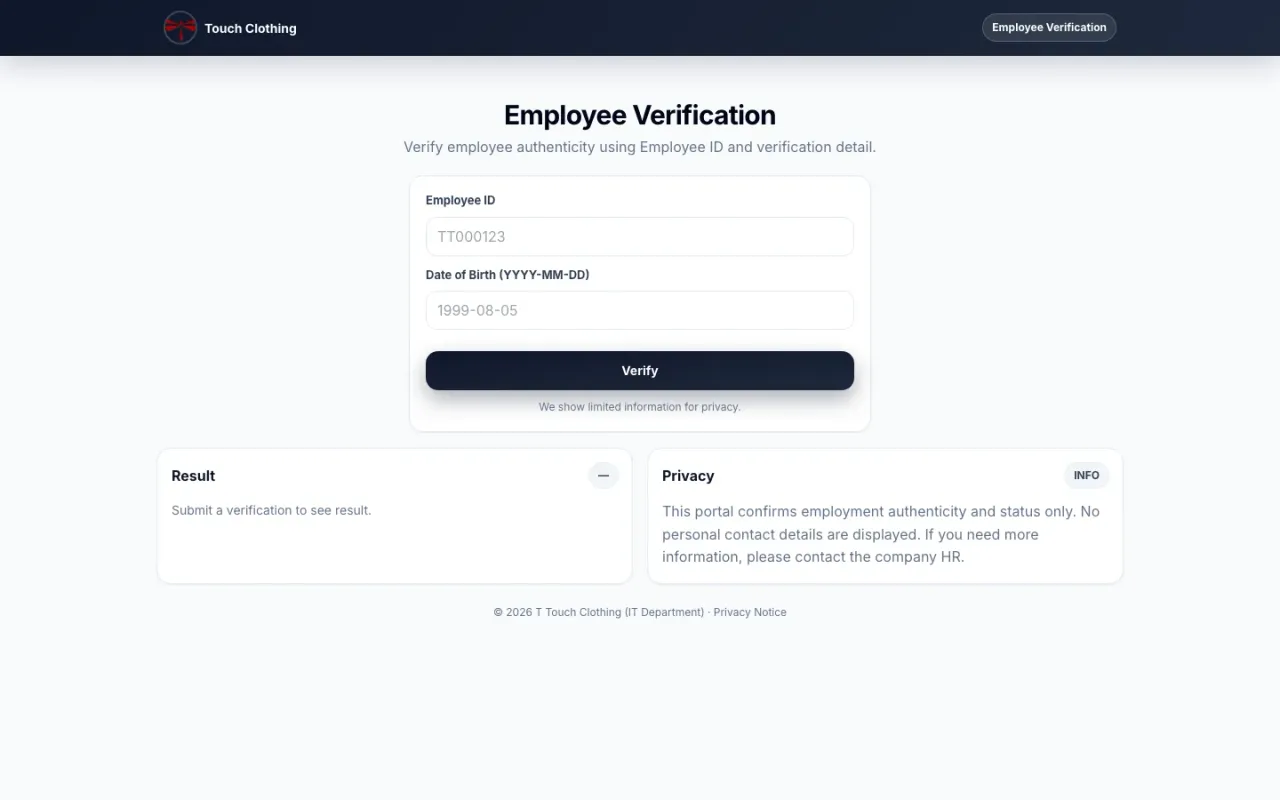 TTouch Clothing's employee verification page with nothing entered: the employee ID and date-of-birth form, an empty result panel and the privacy note