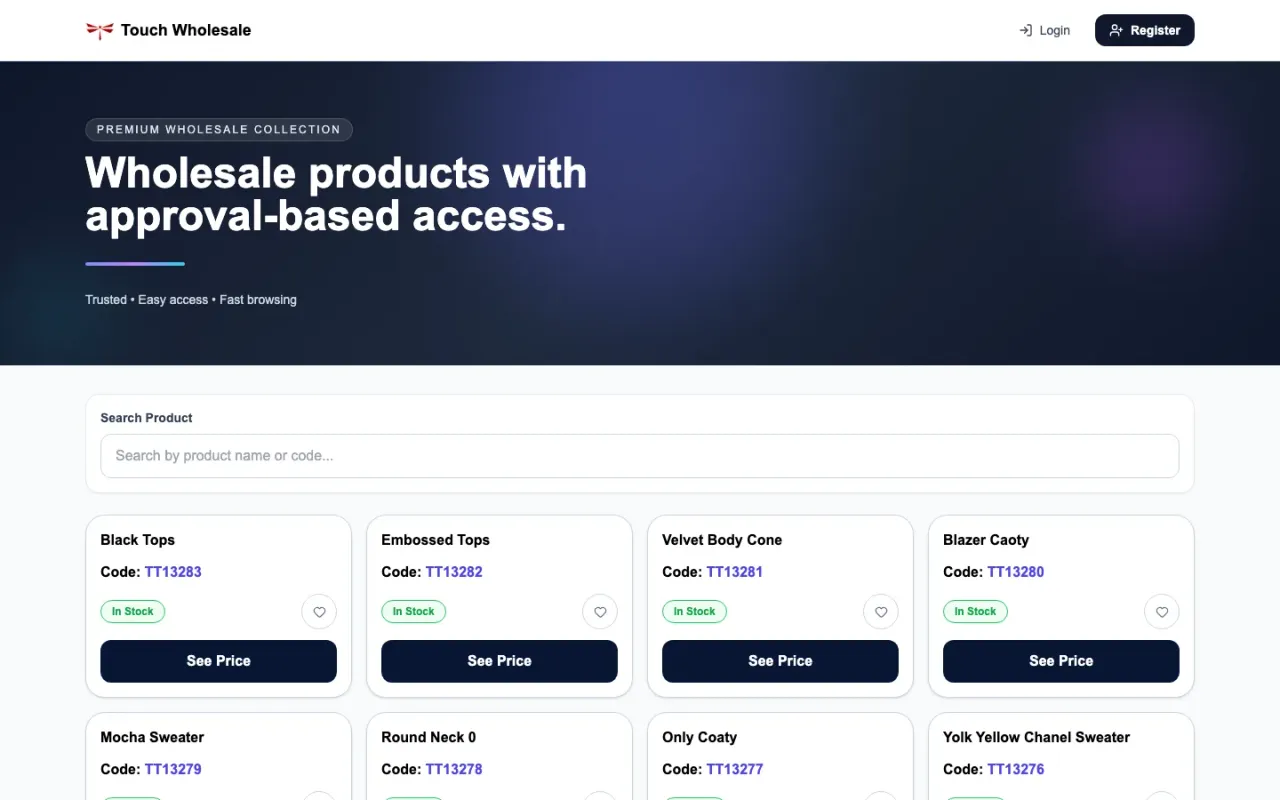 TTouch Wholesale's public catalogue: “Wholesale products with approval-based access.”, the product search, and catalogue cards that show a See Price button instead of a price
