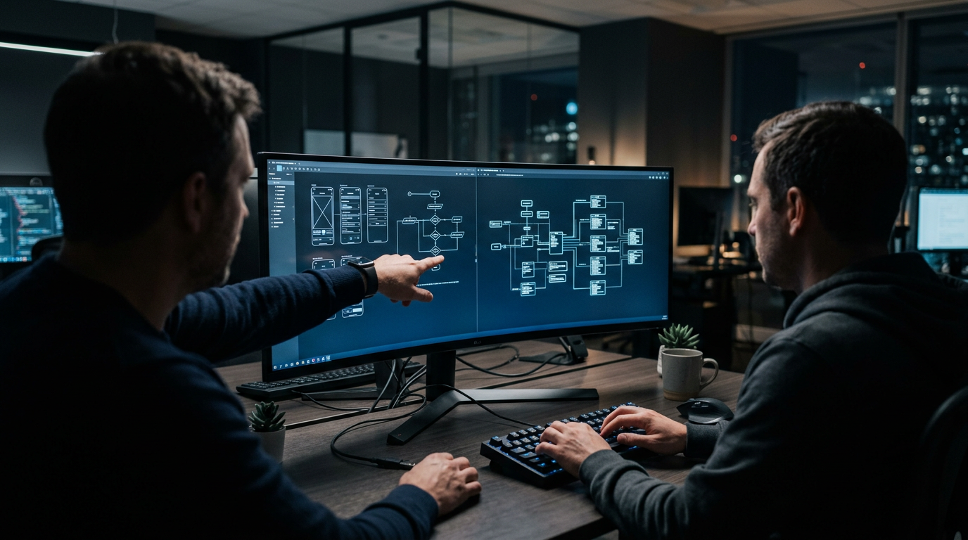 Engineers shipping product with clear UI on monitors